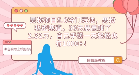 男粉项目5.0冷门玩法，男粉私密赛道，30天最高赚了2.32万，自己手搓一天轻松也有1000+【揭秘】-大齐资源站