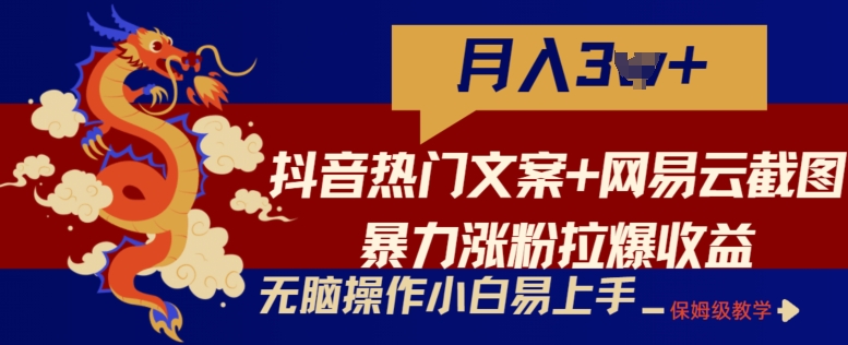 抖音热门文案+网易云截图暴力涨粉拉爆收益玩法，小白无脑操作，简单易上手【揭秘】-大齐资源站