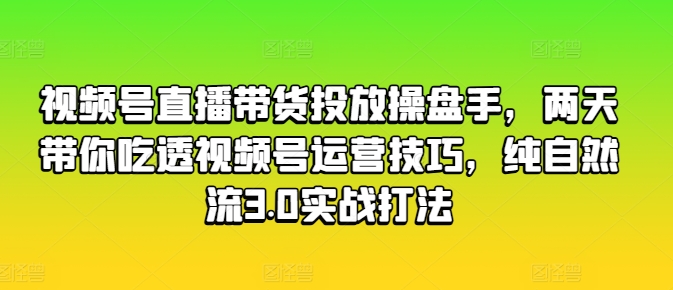 视频号直播带货投放操盘手，两天带你吃透视频号运营技巧，纯自然流3.0实战打法-大齐资源站