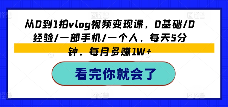 从0到1拍vlog视频变现课，0基础/0经验/一部手机/一个人，每天5分钟，每月多赚1W+-大齐资源站