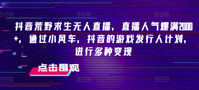 抖音荒野求生无人直播，直播人气爆满2000+，通过小风车，抖音的游戏发行人计划，进行多种变现【揭秘】-大齐资源站