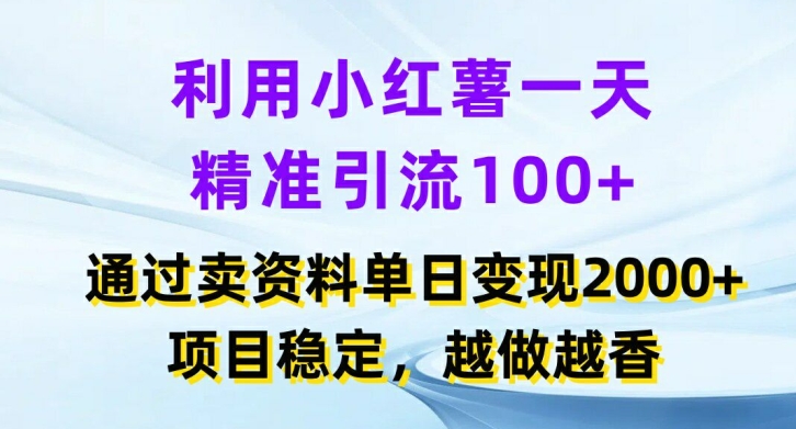 利用小红书一天精准引流100+，通过卖项目单日变现2k+，项目稳定，越做越香【揭秘】-大齐资源站